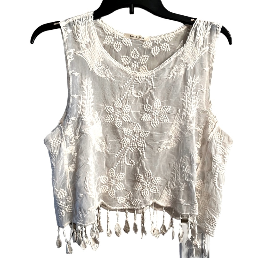 May & July Cream Embroidered Semi-Sheer Boho Crop Top with Tassel Hem Size Large